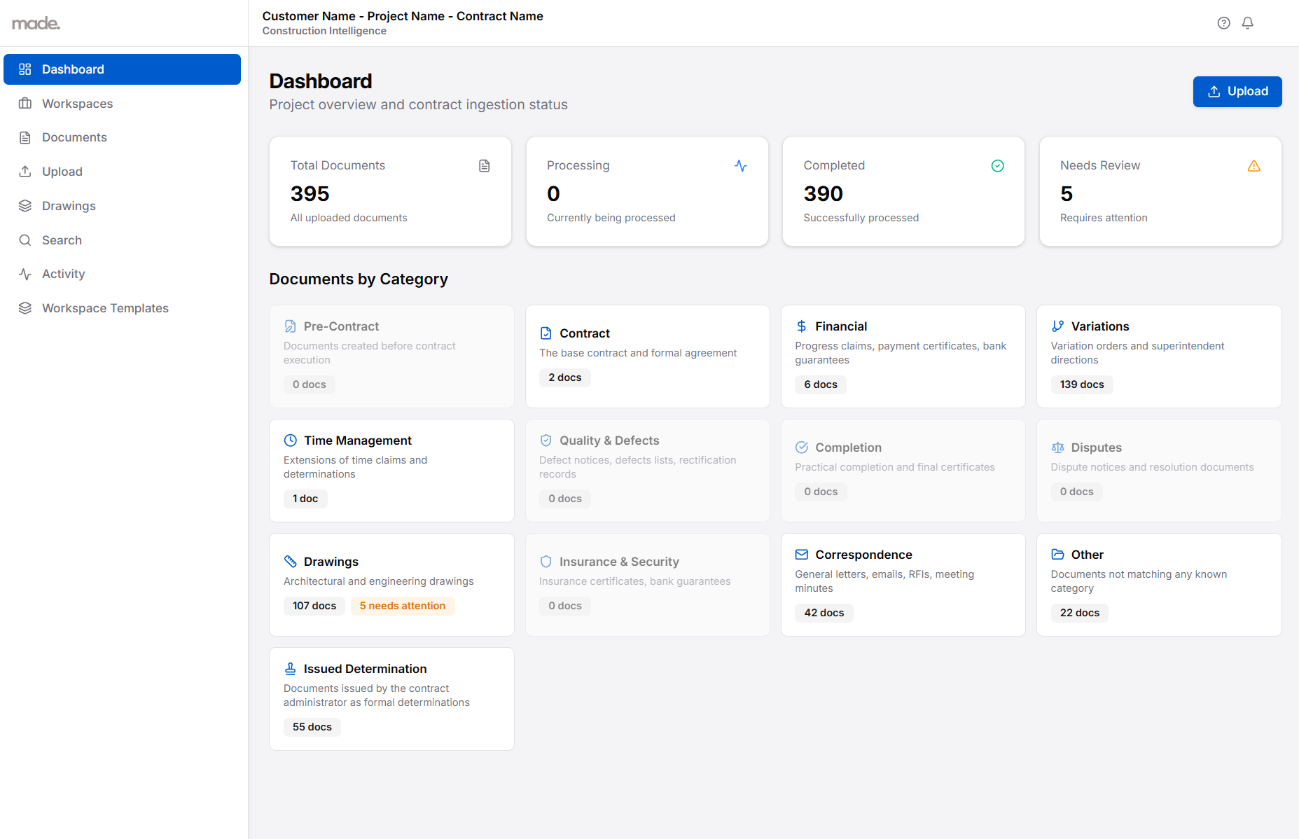made. Construction AI platform showing contract administration workbench